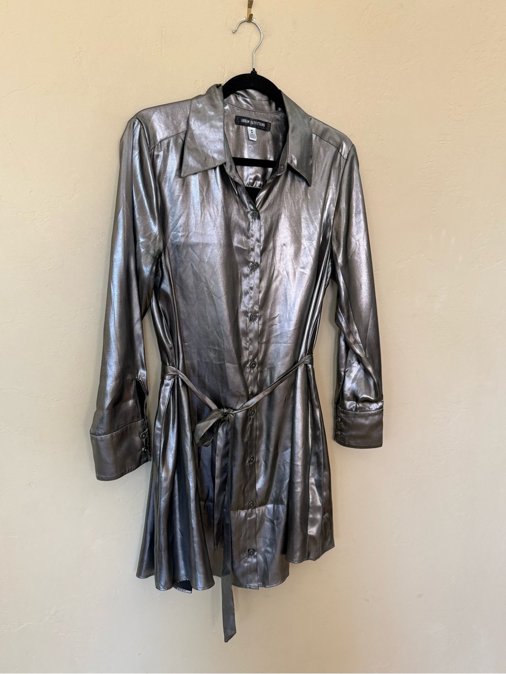 Urban Outfitters Metallic Silver Shirt Dress | Tie Waist Party Mini | Size M - Picture 3 of 9
